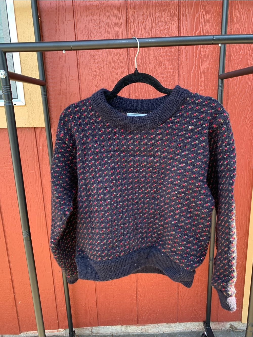 LL Bean Women's Navy Knit Crewneck Sweater with Pink Dot Pattern- Vintage
